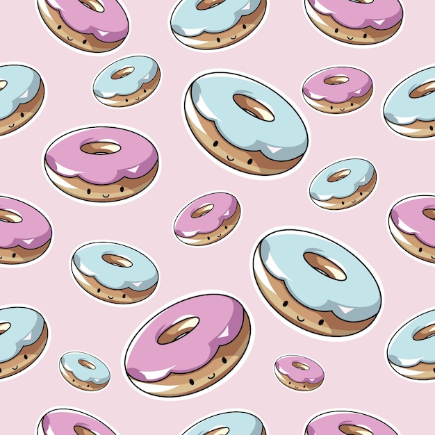 Donut de patrones sin fisuras de dibujos animados lindo postre sobre fondo rosa