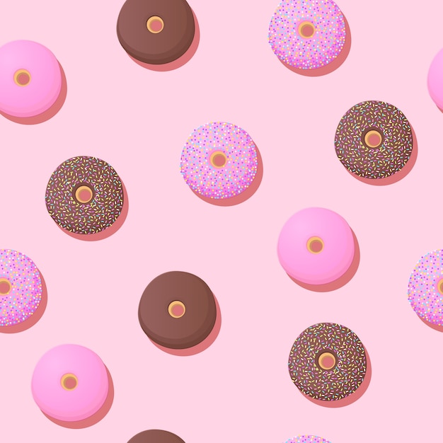 Donut patrones sin fisuras en fondo rosa.