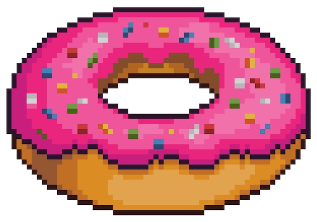 Donut de pixel art con elemento de juego de bits de glaseado rosa sobre fondo blanco