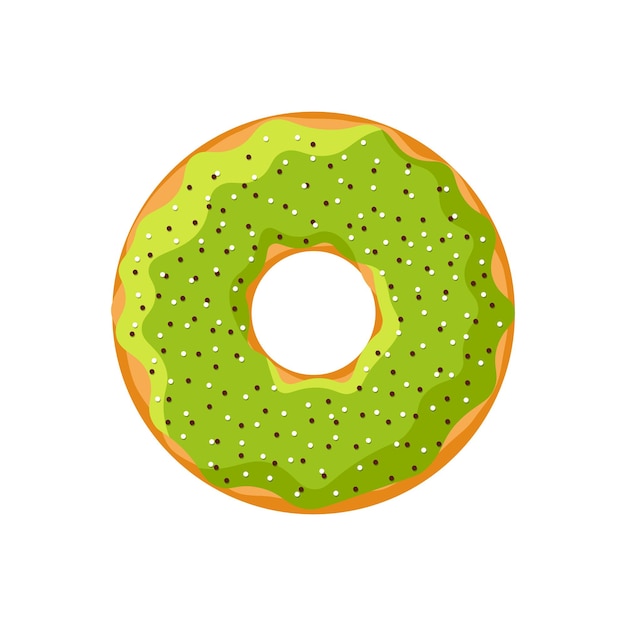 Donut sabroso lindo aislado sobre fondo blanco. Vista superior de la panadería de donas esmaltadas verde para la decoración de la cafetería de la torta o el diseño del menú. Ilustración vectorial eps