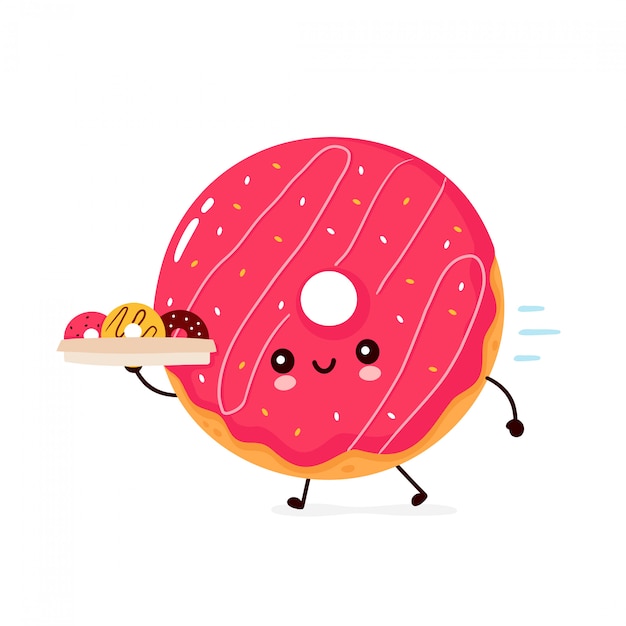 Donut sonriente feliz lindo con caja de entrega. Diseño de ilustración de personaje de dibujos animados plano. Aislado sobre fondo blanco. Donut, concepto de menú de entrega de panadería