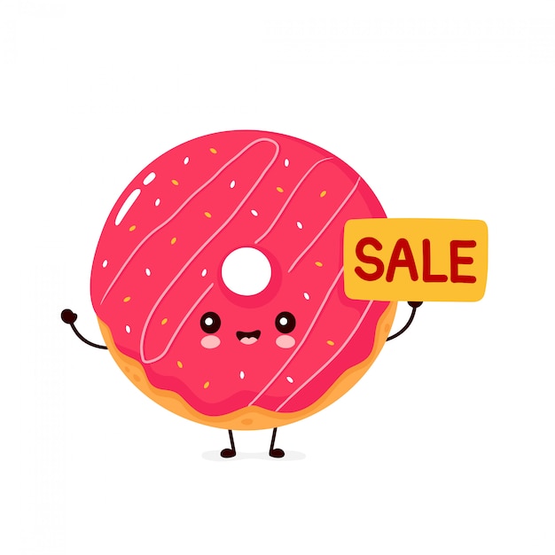 Donut sonriente feliz lindo con cartel de venta. aislado sobre fondo blanco donut, concepto de menú de panadería