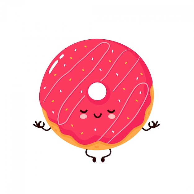 Donut sonriente feliz lindo medita en pose de yoga. Personaje animado.