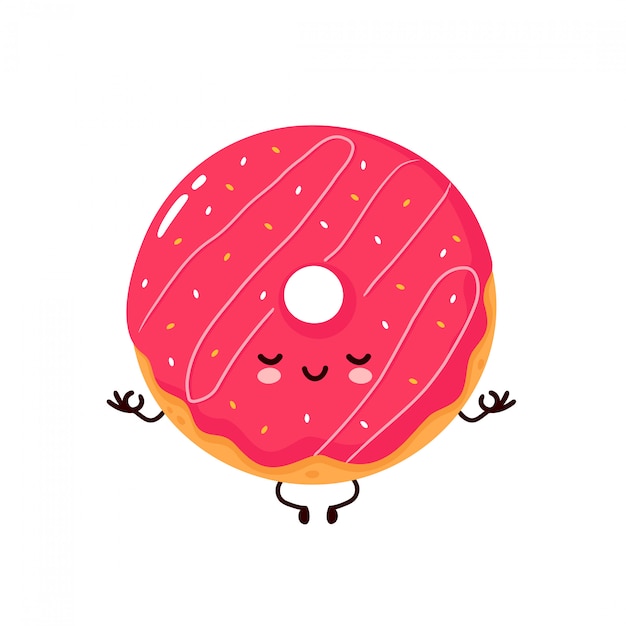 Donut sonriente feliz lindo medita en pose de yoga. personaje animado.