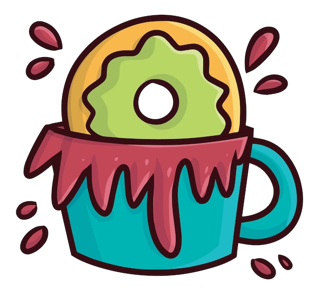 Donut verde sumergido en la ilustración de dibujos animados de la taza de café