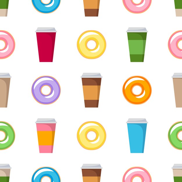 Donuts coloridos y fondo transparente de tazas de café. vector de patrón de coffeeshop.