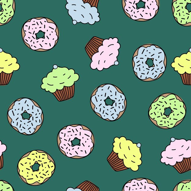 Donuts y cupcakes de patrones sin fisuras mano dibujar ilustración aislado fondo verde oscuro