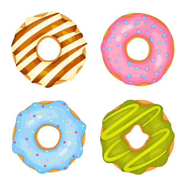 Vector donuts de dibujos animados con glaseado de azúcar dulce deliciosos pasteles con diferentes coberturas donuts redondos glaseados con chispas para confitería o tiendas conjunto de vectores aislados postres vista superior