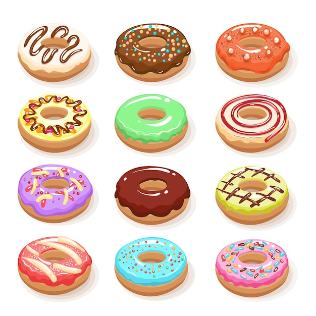 Donuts dulces de azúcar Pasteles de donuts de color aislados sobre un fondo blanco Donuts de dulces diseño de arte vec