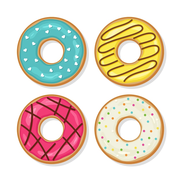 Donuts esmaltados con glaseado dulce dulce vista superior Conjunto de donuts de pastelería de cumpleaños dulces