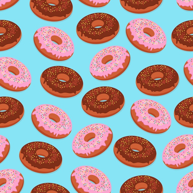 Donuts con glaseado y chispitas de colores ilustración de alimentos vectoriales de patrones sin fisuras en estilo plano