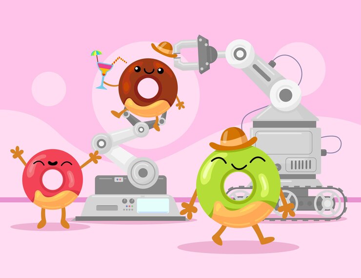 Vector donuts glaseados coloridos felices en producción. ilustración de dibujos animados