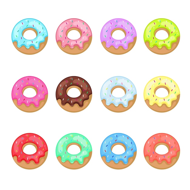 Donuts glaseados conjunto colorido ilustración vectorial eps10