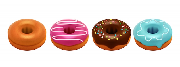 Donuts glaseados dulces aislados sobre fondo blanco. Conjunto de donas realistas