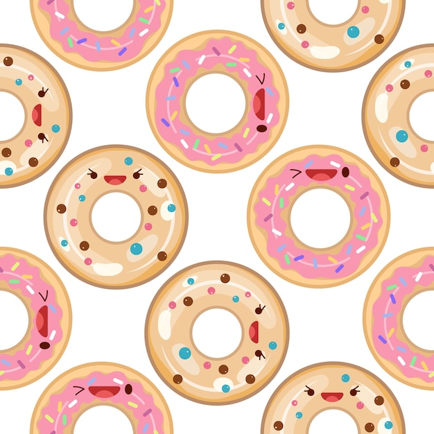 Donuts lindos patrón sin costuras Ilustración vectorial Concepto de icono de comida Estilo de dibujos animados planox9