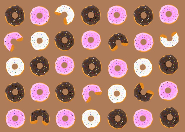 Donuts multicolores con glaseado y patrón de textura de chispas de chocolate rosa blanco