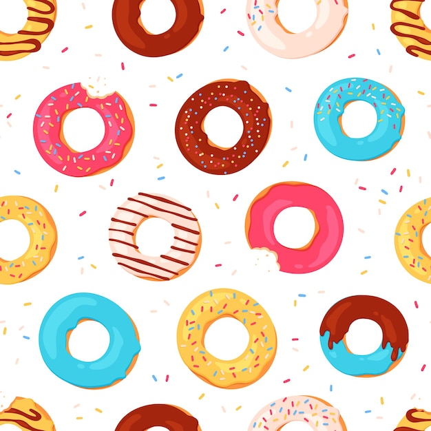 Donuts de patrones sin fisuras. donas glaseadas con estampado de verano dulce. donut mordido con glaseado rosa y chispitas. textura de vector de postre de panadería. patrón de ilustración espolvorear textura, confitería de rosquilla