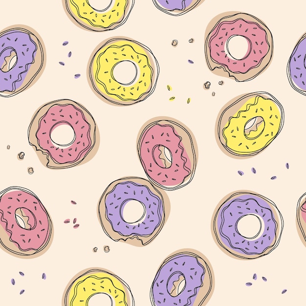 Donuts de patrones sin fisuras Lindo fondo de bebé de comida dulce Diseño colorido para decoración de tela de papel tapiz textil