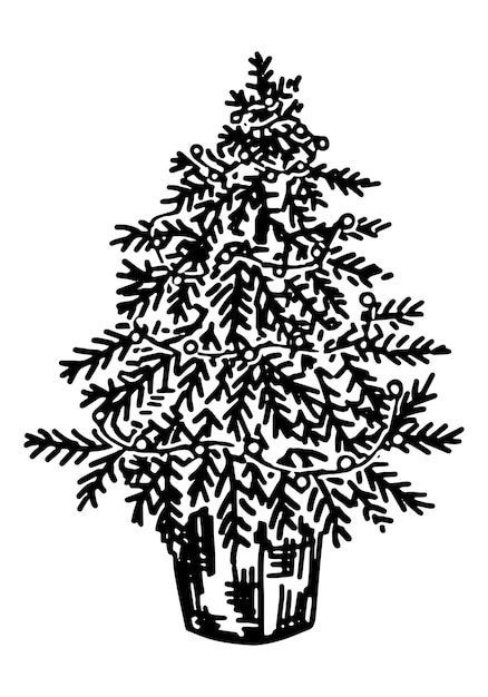 Doodle de abeto de Navidad Dibujo de esquema de abeto pequeño en maceta decorada con guirnaldas Ilustración de vector dibujado a mano Solo clipart aislado en blanco