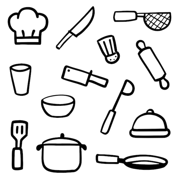 Doodle abstracto del icono del chef conjunto de arte de línea delgada incluir de herramientas de cocina en ilustración vectorial