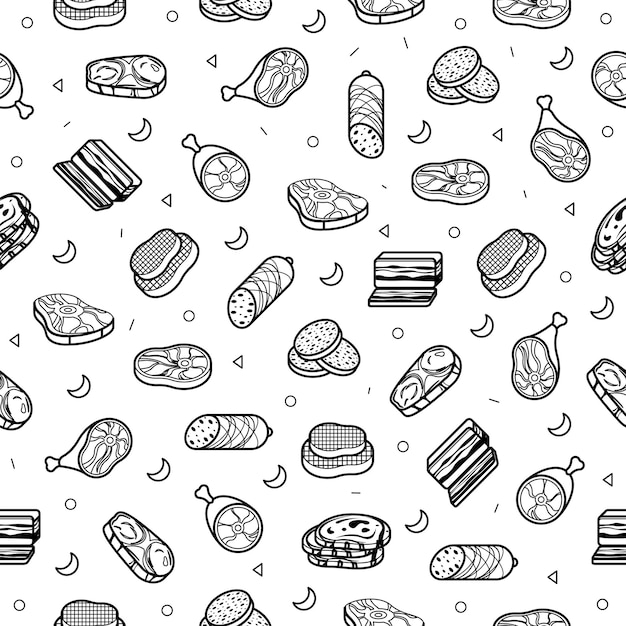 Doodle abstracto patrón sin costuras dibujado a mano carne carnicero alimentos elementos estilo de diseño vectorial