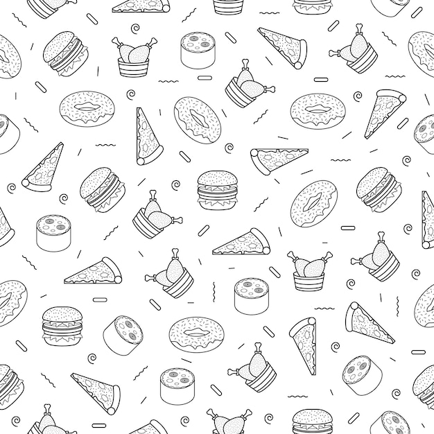 Doodle abstracto Patrón sin costuras Elementos de comida rápida dibujados a mano Tacos Pizza Barbacoa Donut Burrito
