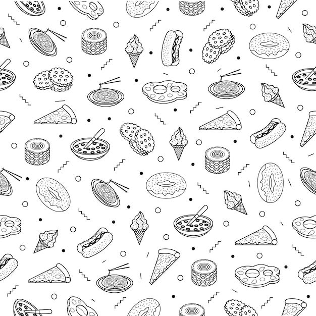 Doodle abstracto patrón sin costuras elementos de comida rápida dibujados a mano tacos pizza barbacoa donut burrito