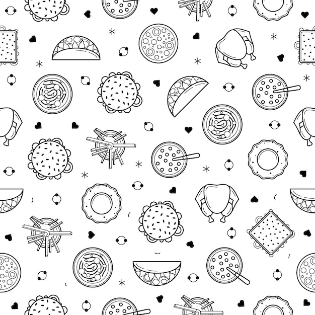 Doodle abstracto Patrón sin costuras Elementos de comida rápida dibujados a mano Tacos Pizza Sándwich Barbacoa Sopa