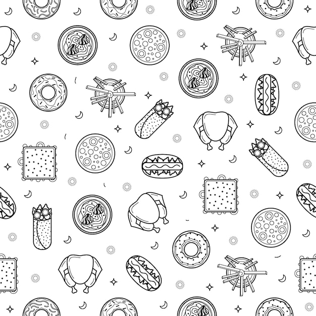 Doodle abstracto Patrón sin costuras Elementos de comida rápida dibujados a mano Tacos Pizza Sándwich Barbacoa Sopa