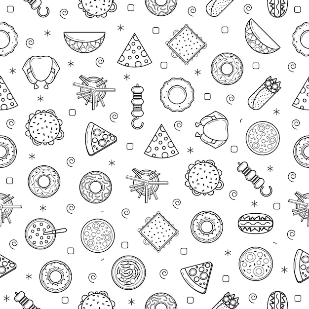 Doodle abstracto Patrón sin costuras Elementos de comida rápida dibujados a mano Tacos Pizza Sándwich Barbacoa Sopa