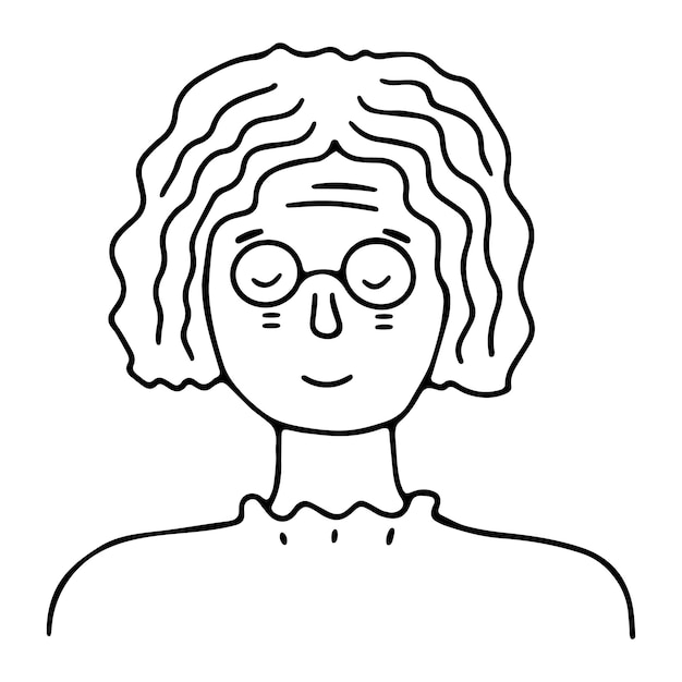 Doodle anciana con retrato de gafas. icono dibujado a mano de moda. ilustración en blanco y negro