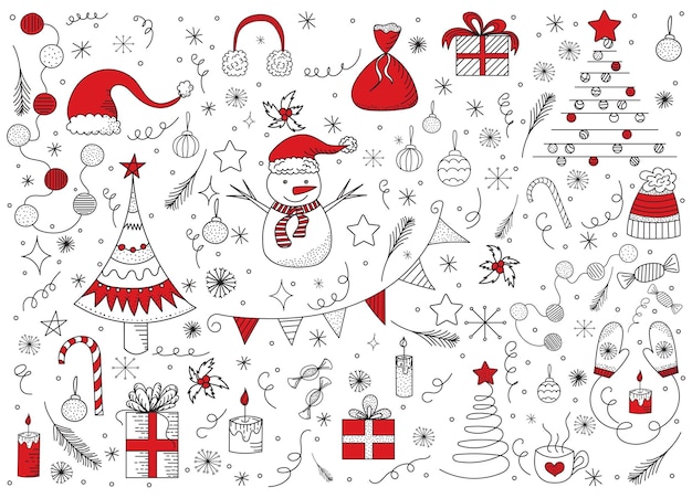 Doodle año nuevo elementos de Navidad esquema vector aislado