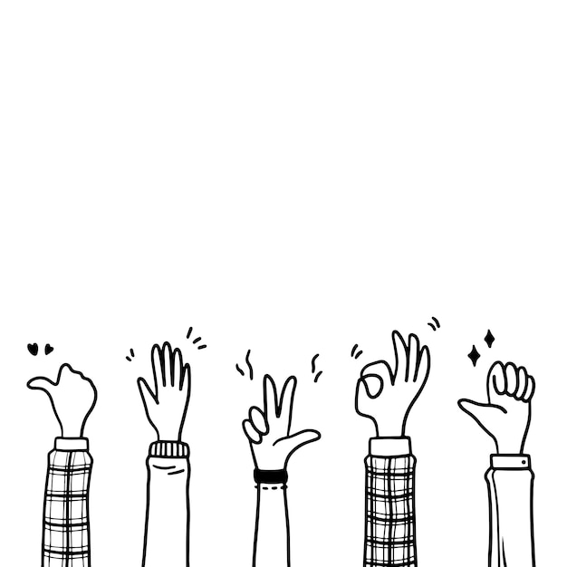 Doodle aplausos gestos de las manos hacia arriba o las manos aplaudiendo felicitación tema de negocios en vector