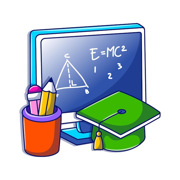 Doodle de aprendizaje electrónico con mano dibujada de sombrero de graduación de computadora e ilustración de lápiz