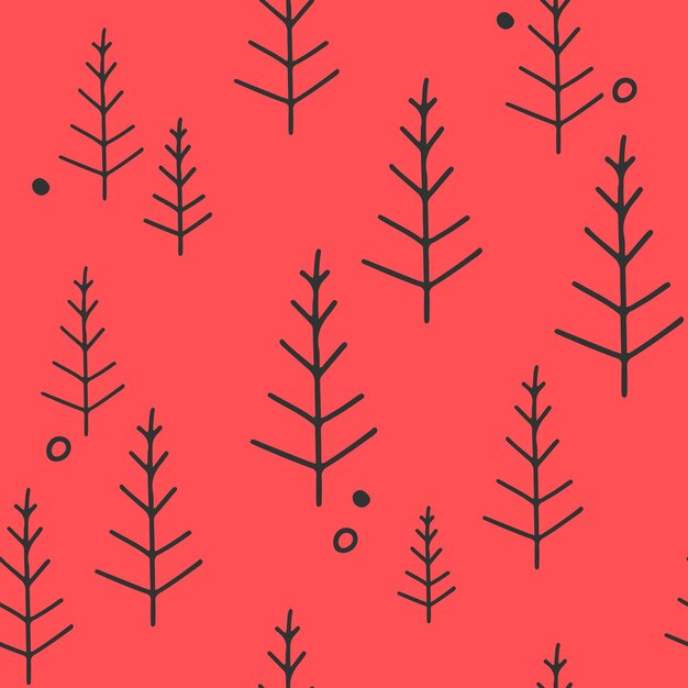 Doodle de árbol de arte de línea de bosque de invierno nórdico lindo de patrones sin fisuras de Navidad roja para decoración de vacaciones