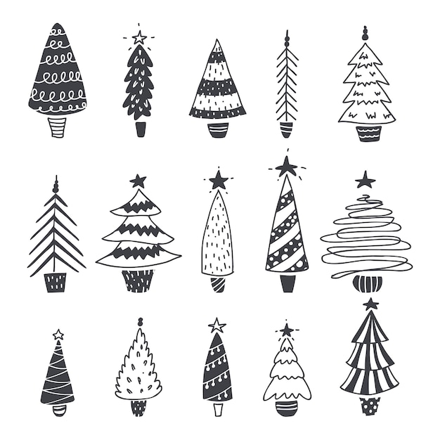 Doodle de árboles de Navidad. Colección festiva dibujada a mano