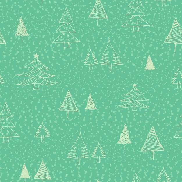 Doodle árboles de Navidad iconos de patrones sin fisuras sobre un fondo verde ChristmasHand dibujado Vector