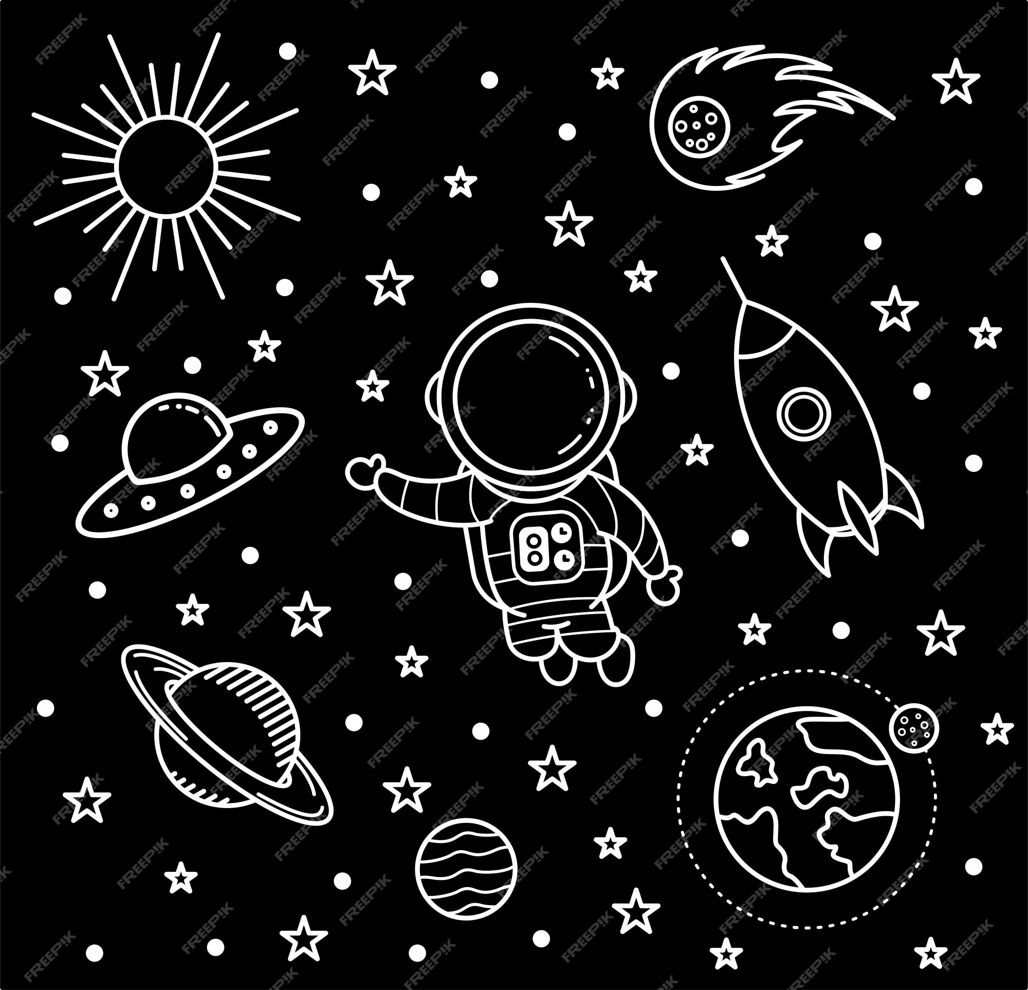 Doodle art, fondo de pantalla de astronauta en blanco y negro | Vector  Premium