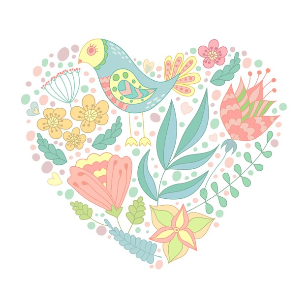 Doodle de aves y elementos florales en forma de corazón.