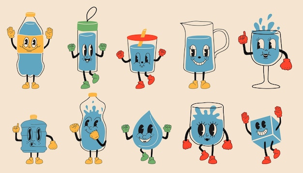 Doodle bebe más agua. lindas y divertidas mascotas de agua dibujadas a mano en taza, vaso y botella