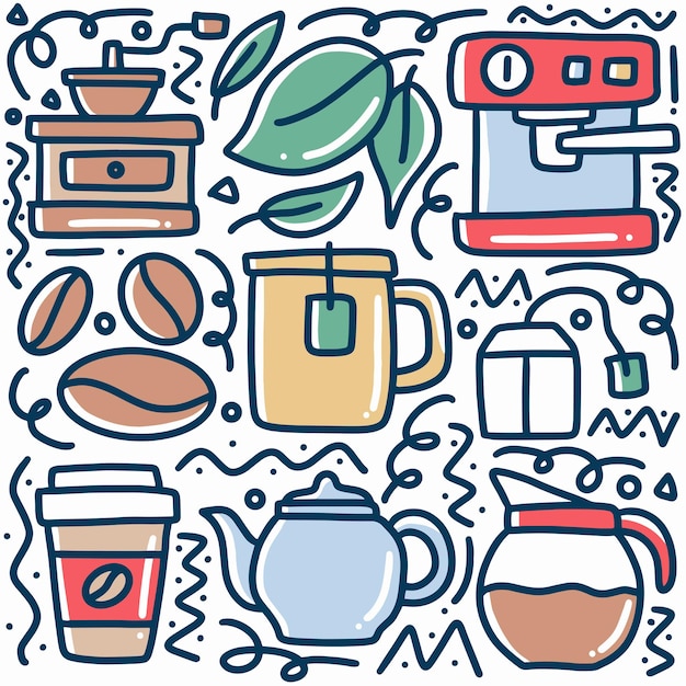 Doodle de bebida de café dibujado a mano con iconos y elementos de diseño