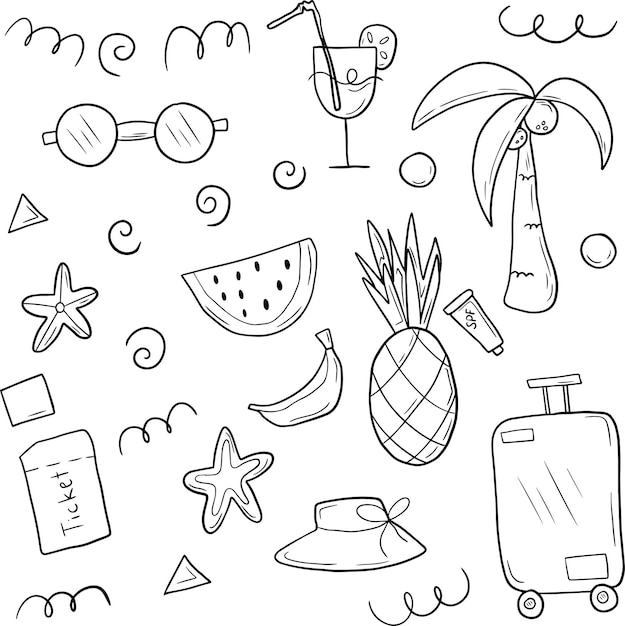 Doodle boceto estilo dibujado a mano conjunto de elementos de vacaciones de verano de viaje