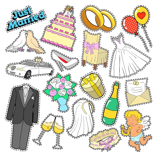 Doodle de boda recién casado para álbum de recortes, pegatinas, parches, insignias.