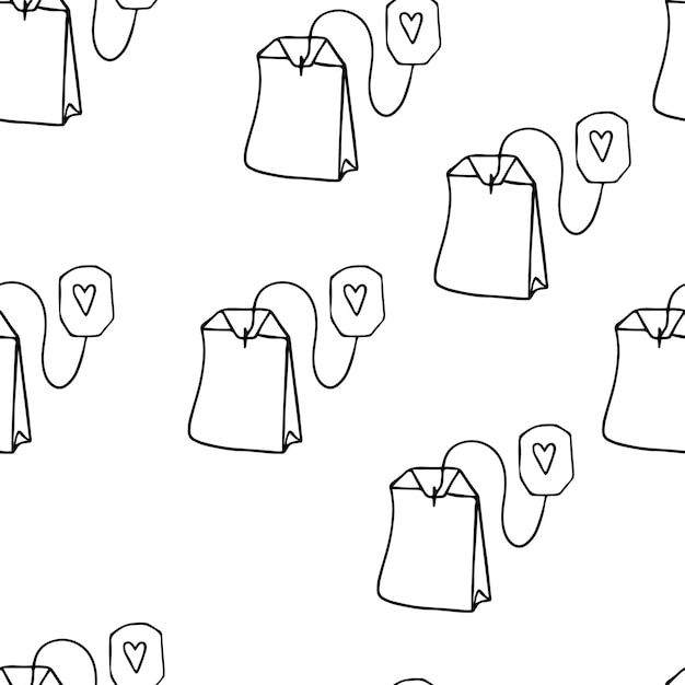 Doodle bolsa de té de patrones sin fisuras con un corazón sobre un fondo transparente. ilustración vectorial