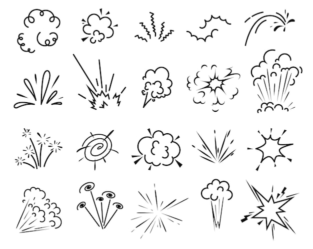 Doodle bomba explosión dibujos animados nubes cómicas de boom bang vector dinamita nube explosión bomba explotar o TNT efecto cómico explosivo de choque y explosión chispa pop con nubes flash en la línea de doodle