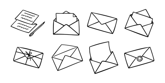 Doodle bonito contorno de correo cartas y sobre conjunto Contorno de correo dibujado a mano icono de colección de correo