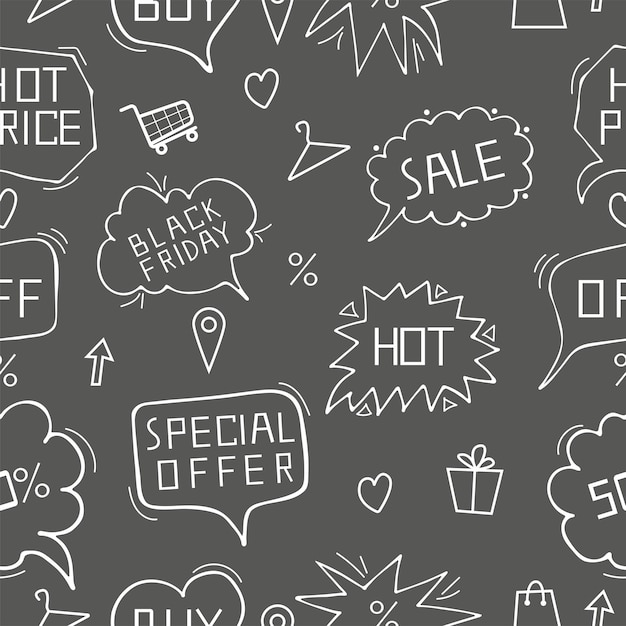 Doodle de burbujas de discurso con patrones sin fisuras de texto de compras en línea