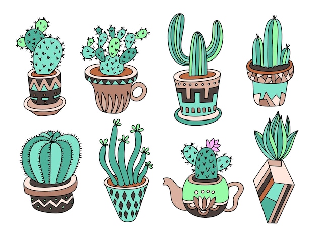 Doodle cactus colección dibujo a mano conjunto de varias suculentas