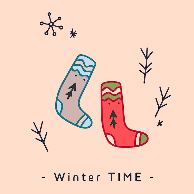 Doodle Calcetines acogedores dibujados a mano con copo de nieve Diseño de tarjetas de felicitación navideñas