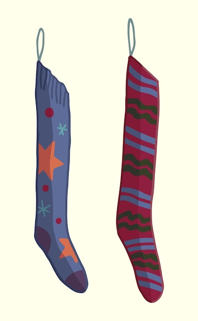 Doodle de calcetines largos de Navidad Clipart de dibujos animados de medias ornamentales para regalos Ilustración vectorial aislada en blanco